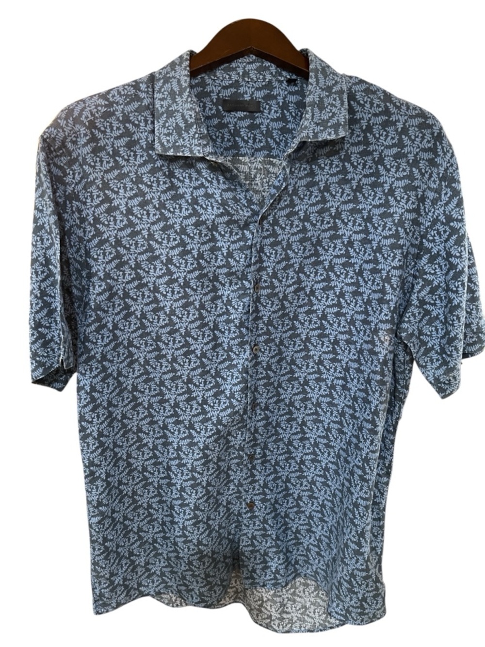 Zachary Prell Linen Leaf Print Short Sleeve Button Up Shirt SZ XL Blue